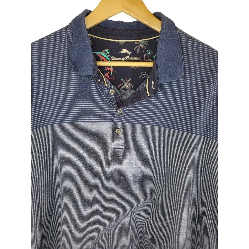 Tommy Bahama Polo Shirt Mens 2XL Navy Striped Short Sleeve Cotton